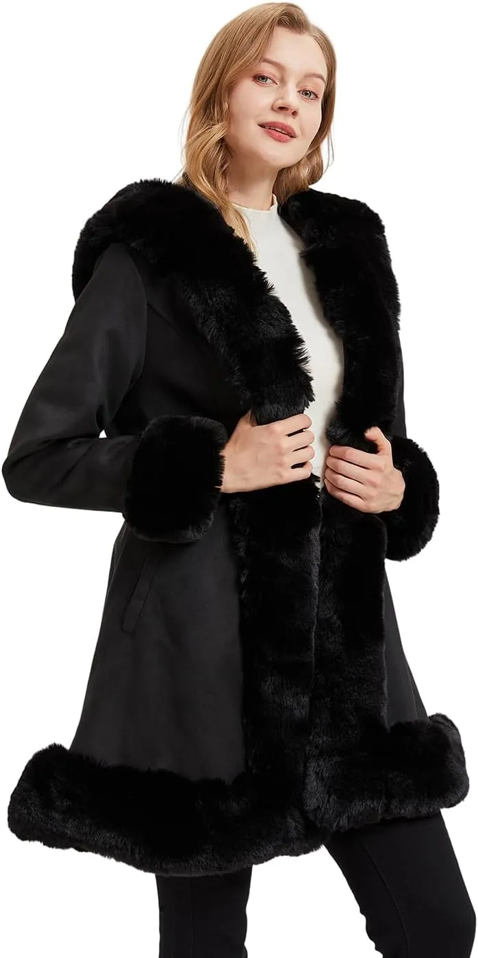 Suede Jacket With Faux Fur Collar for Women,Winter Warm Coat with Belt Outerwear