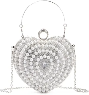 SUKUTU Cute Heart Shape Clutch Bag Women Elegant Pearl Rhinstone Evening Purse Wedding Party Bridal Prom Handbag