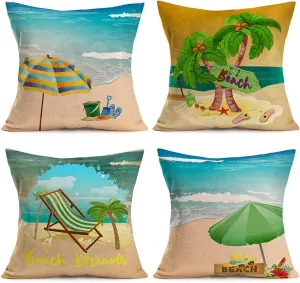 Summer Beach Outdoor Throw Pillow Covers Set of 4 Summer Sandy Beach Decorative Tropical Coconut Tree Flip Flops Parasol Cushion Cases Home Decor for Patio Couch Sofa (Bea, 18" x 18")