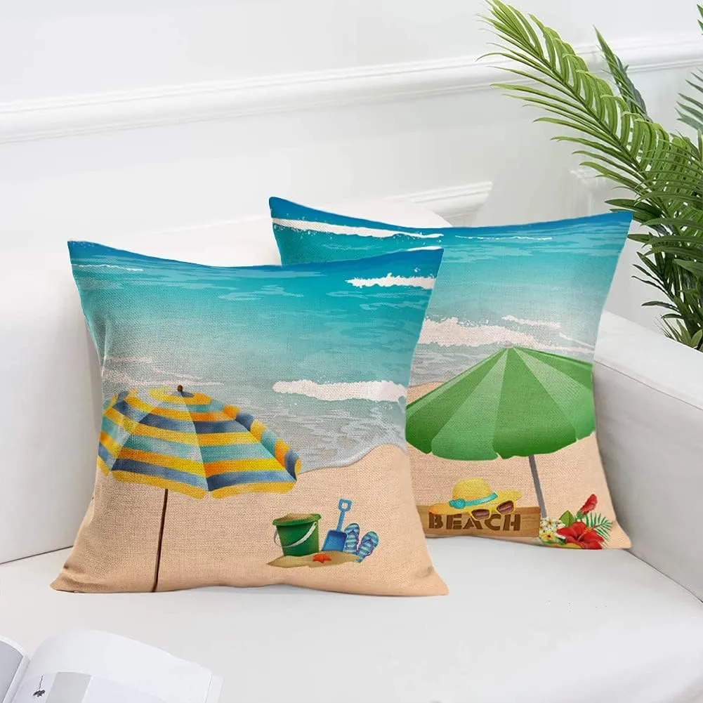 Summer Beach Outdoor Throw Pillow Covers Set of 4 Summer Sandy Beach Decorative Tropical Coconut Tree Flip Flops Parasol Cushion Cases Home Decor for Patio Couch Sofa (Bea, 18" x 18")