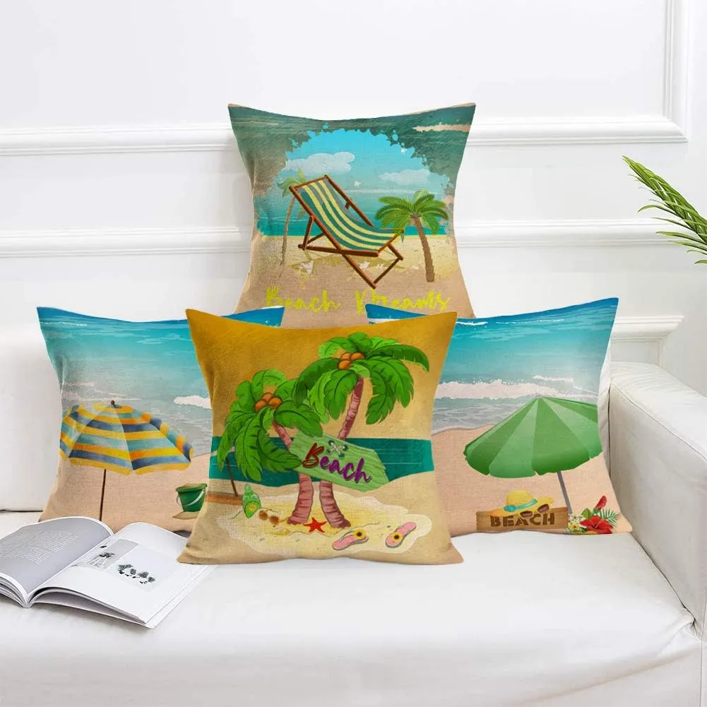 Summer Beach Outdoor Throw Pillow Covers Set of 4 Summer Sandy Beach Decorative Tropical Coconut Tree Flip Flops Parasol Cushion Cases Home Decor for Patio Couch Sofa (Bea, 18" x 18")