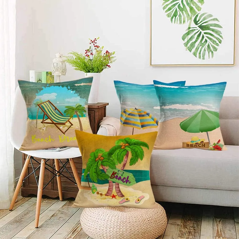 Summer Beach Outdoor Throw Pillow Covers Set of 4 Summer Sandy Beach Decorative Tropical Coconut Tree Flip Flops Parasol Cushion Cases Home Decor for Patio Couch Sofa (Bea, 18" x 18")
