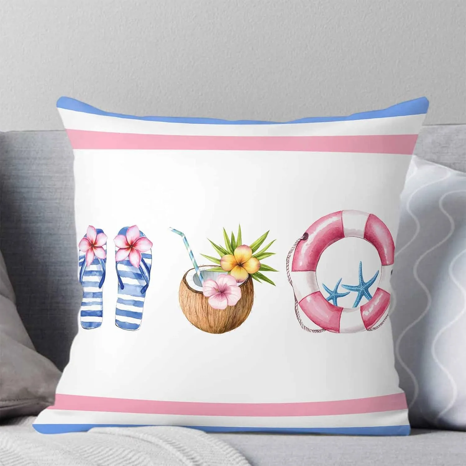 Summer Decorative Cozy Soft Velvet Luxury Throw Pillowcase Covers Slippers Coconut Swimming Ring Square Zipper Cushion Case for Couch Auto Bedroom 26x26IN