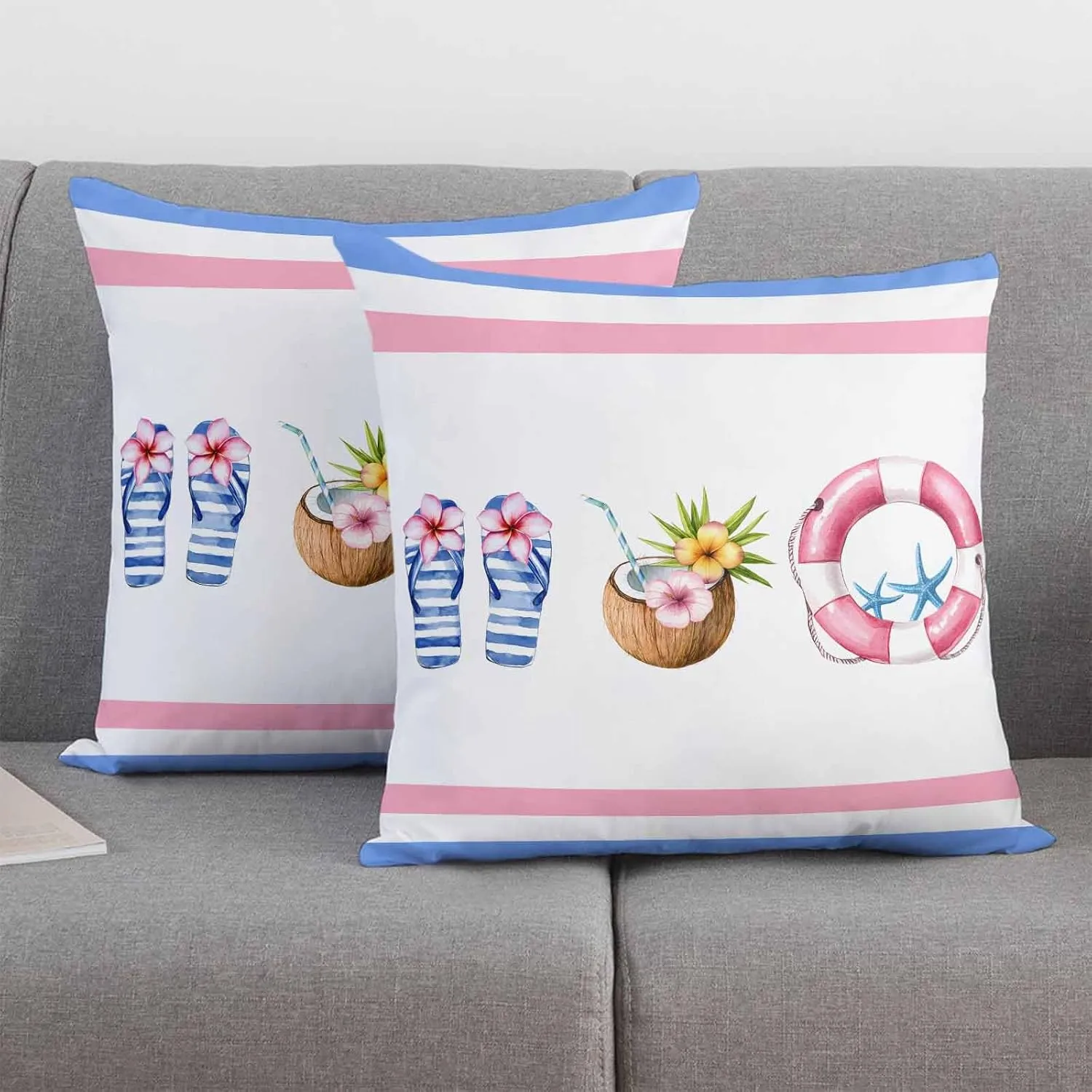 Summer Decorative Cozy Soft Velvet Luxury Throw Pillowcase Covers Slippers Coconut Swimming Ring Square Zipper Cushion Case for Couch Auto Bedroom 26x26IN