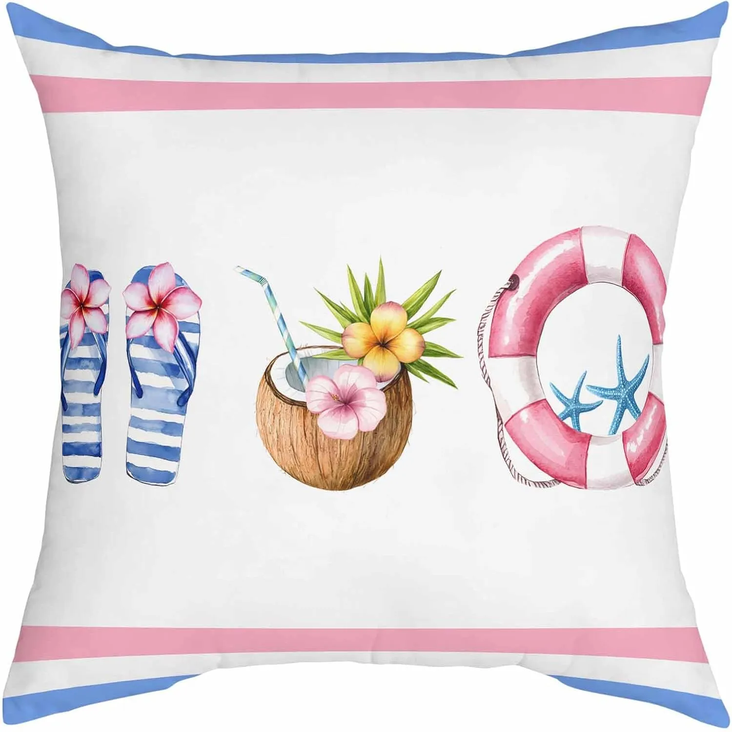Summer Decorative Cozy Soft Velvet Luxury Throw Pillowcase Covers Slippers Coconut Swimming Ring Square Zipper Cushion Case for Couch Auto Bedroom 26x26IN