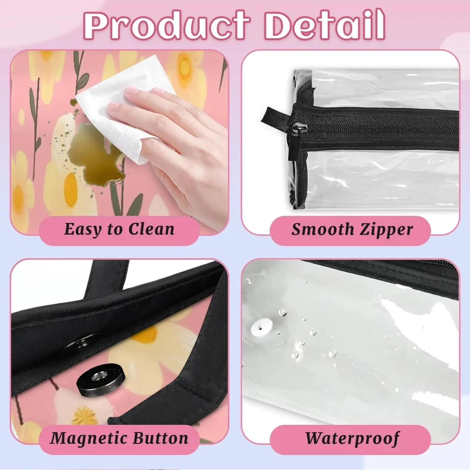 Summer Flowers Toiletry Bag Water Proof Travel Makeup Case Large Capacity 4 in 1 Foldable Cosmetics Storage for Women Men Removable Zipper Clear PVC Pockets