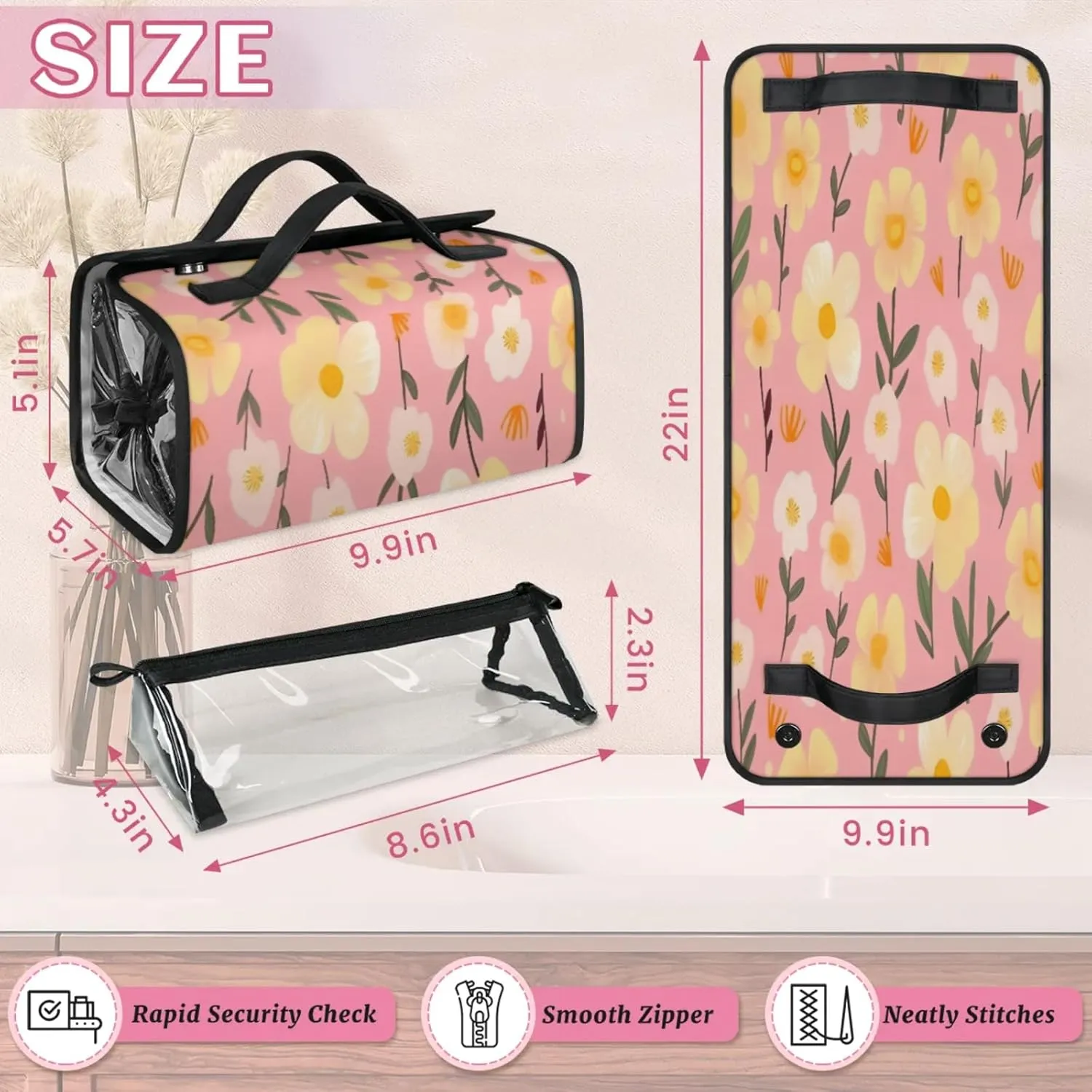 Summer Flowers Toiletry Bag Water Proof Travel Makeup Case Large Capacity 4 in 1 Foldable Cosmetics Storage for Women Men Removable Zipper Clear PVC Pockets