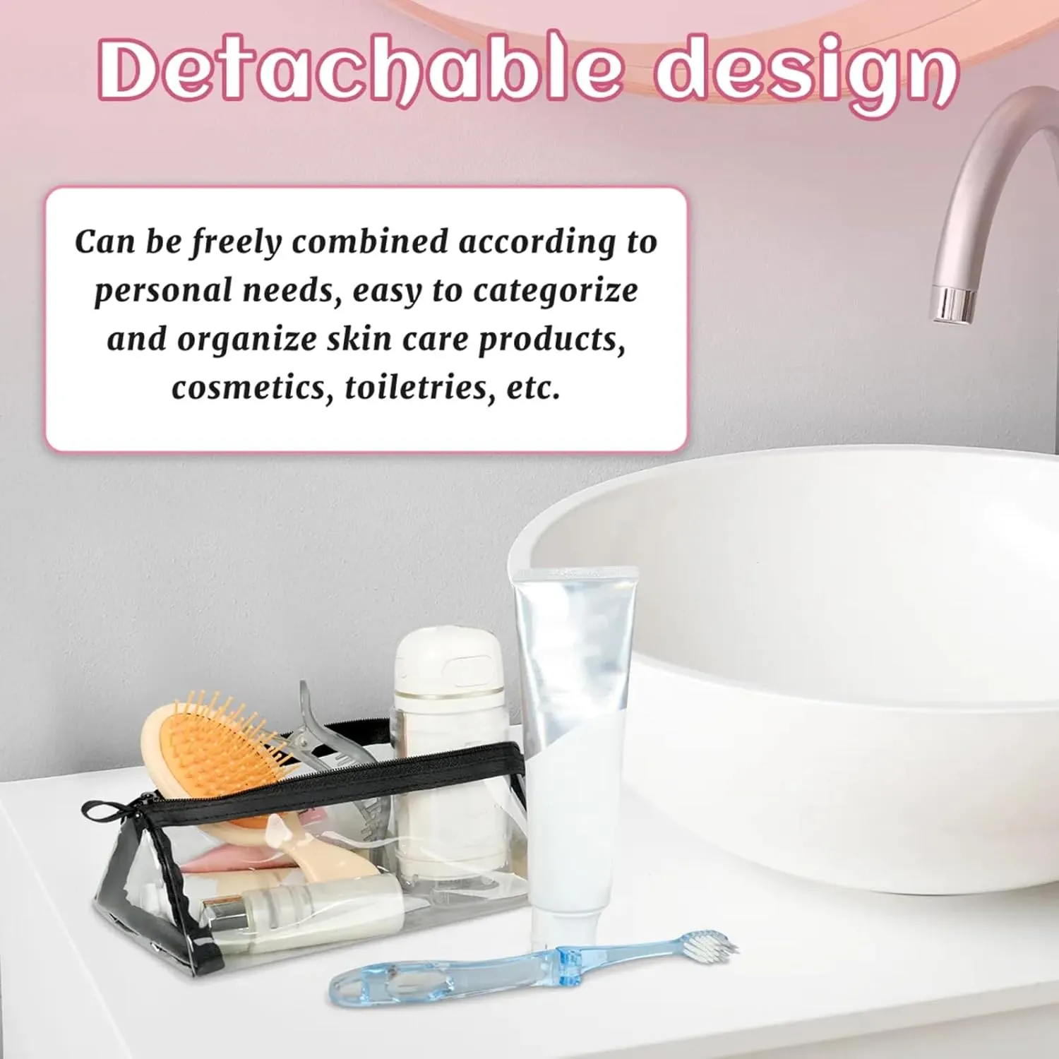 Summer Flowers Toiletry Bag Water Proof Travel Makeup Case Large Capacity 4 in 1 Foldable Cosmetics Storage for Women Men Removable Zipper Clear PVC Pockets