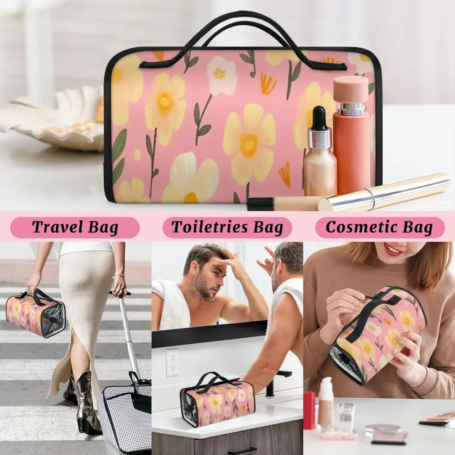 Summer Flowers Toiletry Bag Water Proof Travel Makeup Case Large Capacity 4 in 1 Foldable Cosmetics Storage for Women Men Removable Zipper Clear PVC Pockets