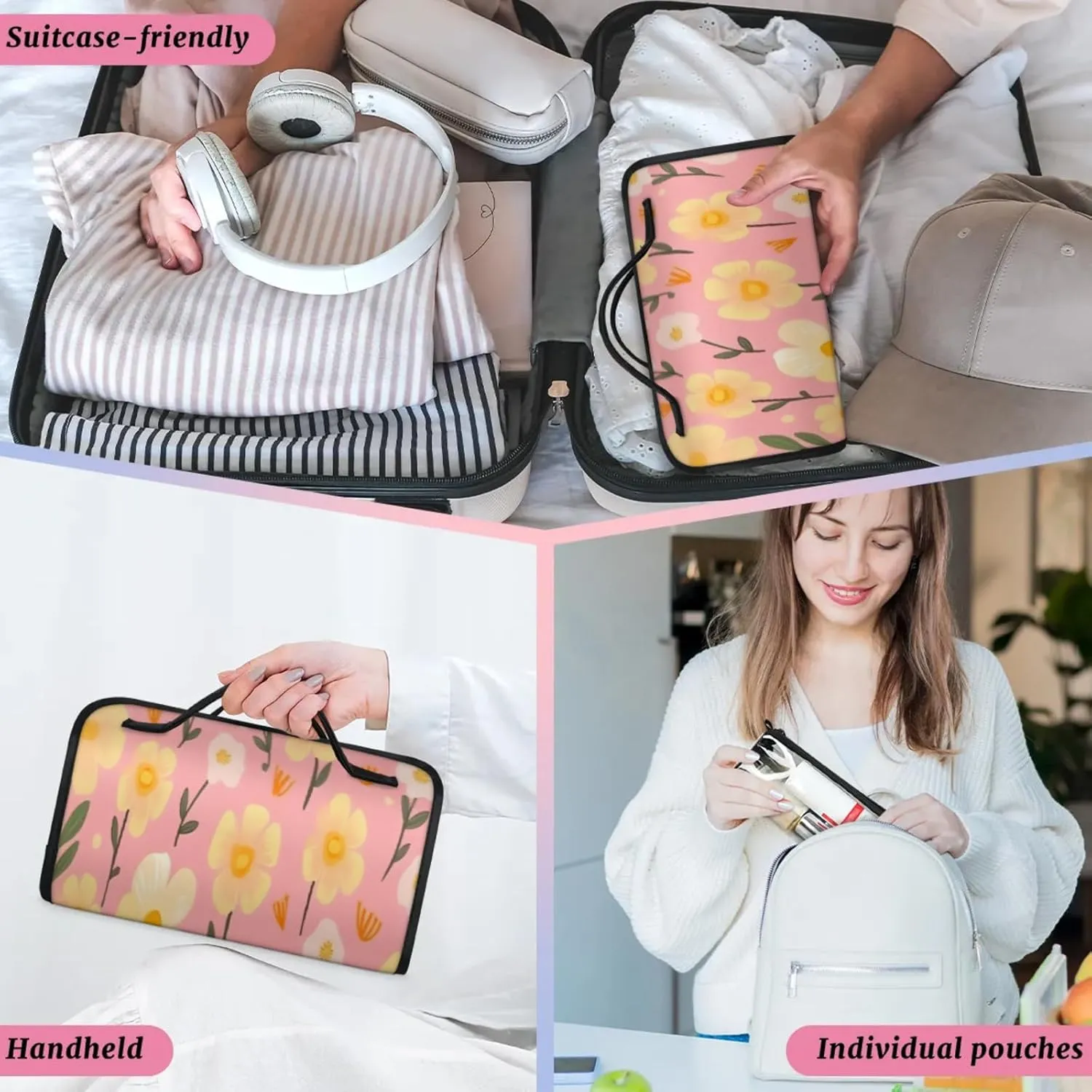 Summer Flowers Toiletry Bag Water Proof Travel Makeup Case Large Capacity 4 in 1 Foldable Cosmetics Storage for Women Men Removable Zipper Clear PVC Pockets