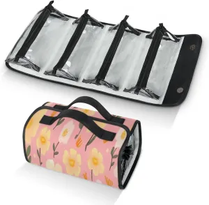 Summer Flowers Toiletry Bag Water Proof Travel Makeup Case Large Capacity 4 in 1 Foldable Cosmetics Storage for Women Men Removable Zipper Clear PVC Pockets