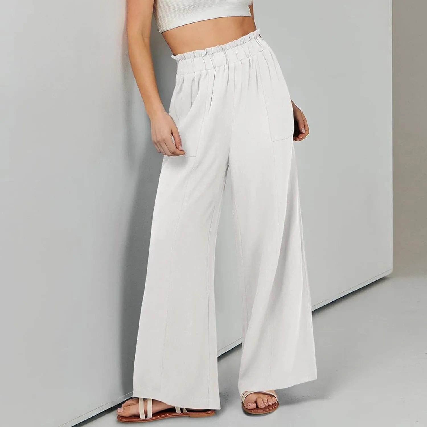 Summer Pants for Women 2025 Vacation Elastic High Waisted Paper Bag Linen Pants Trendy Travel Vacation Trouser with Pockets