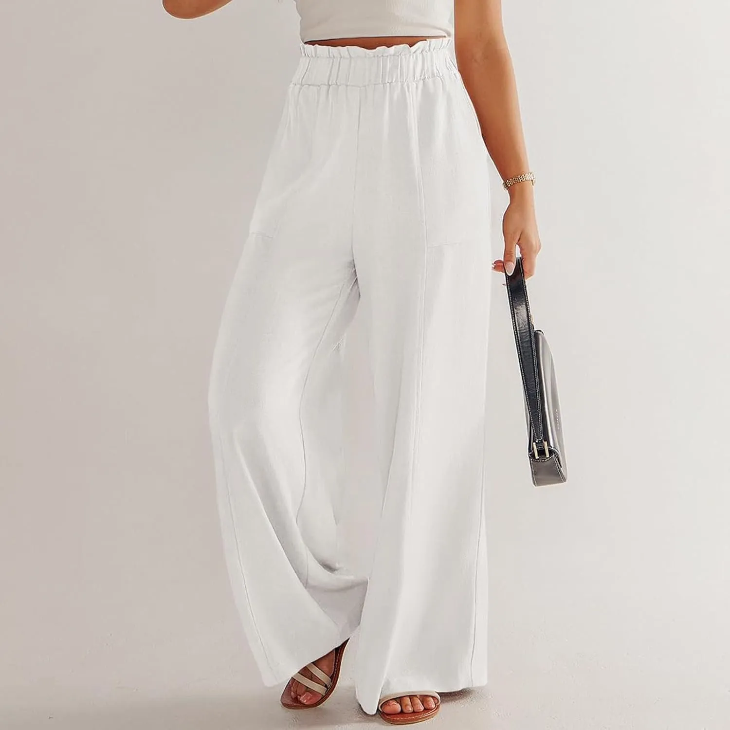 Summer Pants for Women 2025 Vacation Elastic High Waisted Paper Bag Linen Pants Trendy Travel Vacation Trouser with Pockets