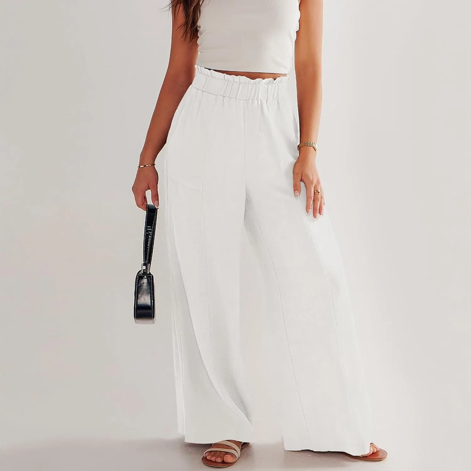 Summer Pants for Women 2025 Vacation Elastic High Waisted Paper Bag Linen Pants Trendy Travel Vacation Trouser with Pockets