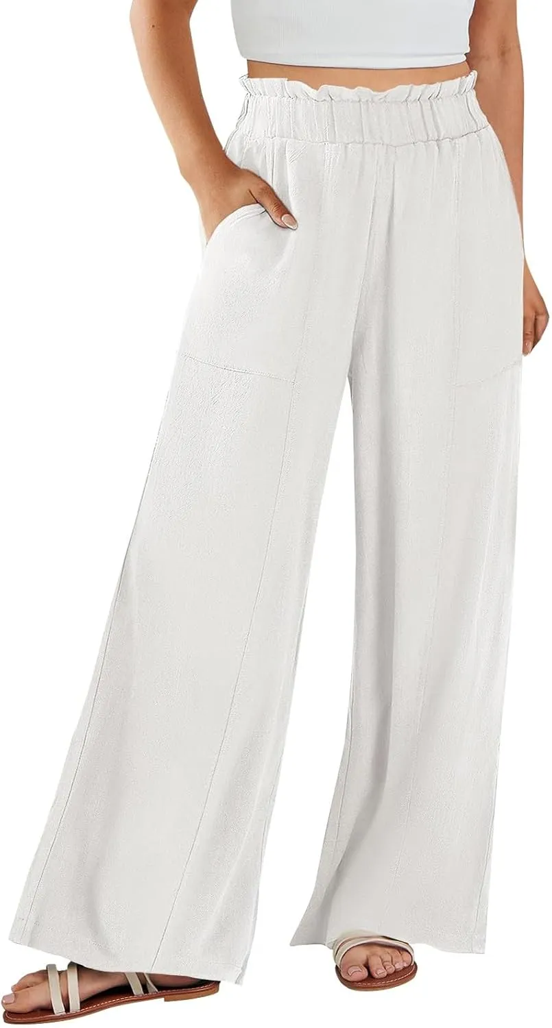 Summer Pants for Women 2025 Vacation Elastic High Waisted Paper Bag Linen Pants Trendy Travel Vacation Trouser with Pockets