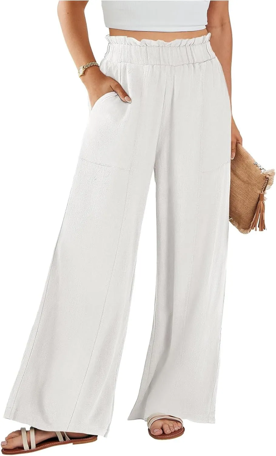 Summer Pants for Women 2025 Vacation Elastic High Waisted Paper Bag Linen Pants Trendy Travel Vacation Trouser with Pockets