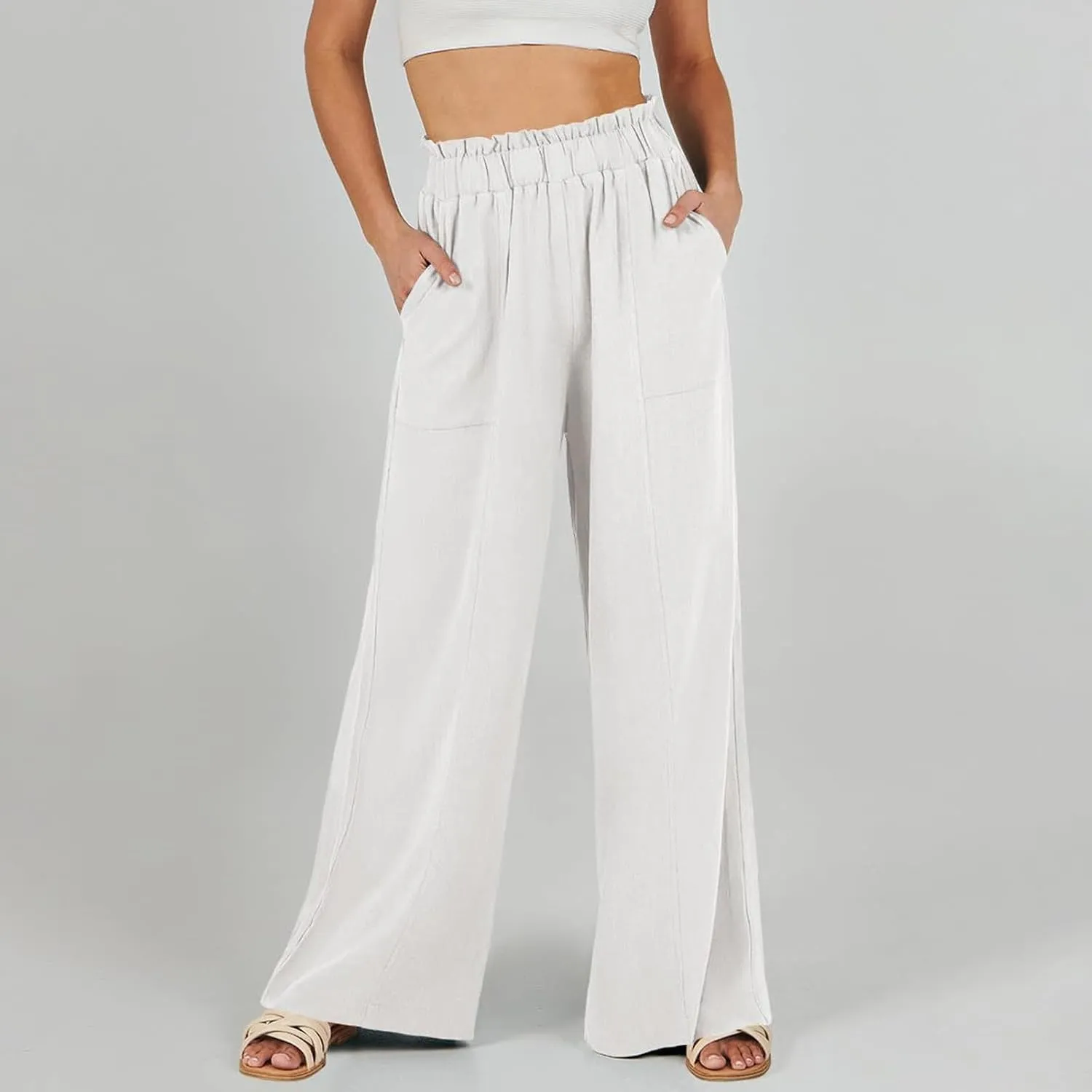 Summer Pants for Women 2025 Vacation Elastic High Waisted Paper Bag Linen Pants Trendy Travel Vacation Trouser with Pockets