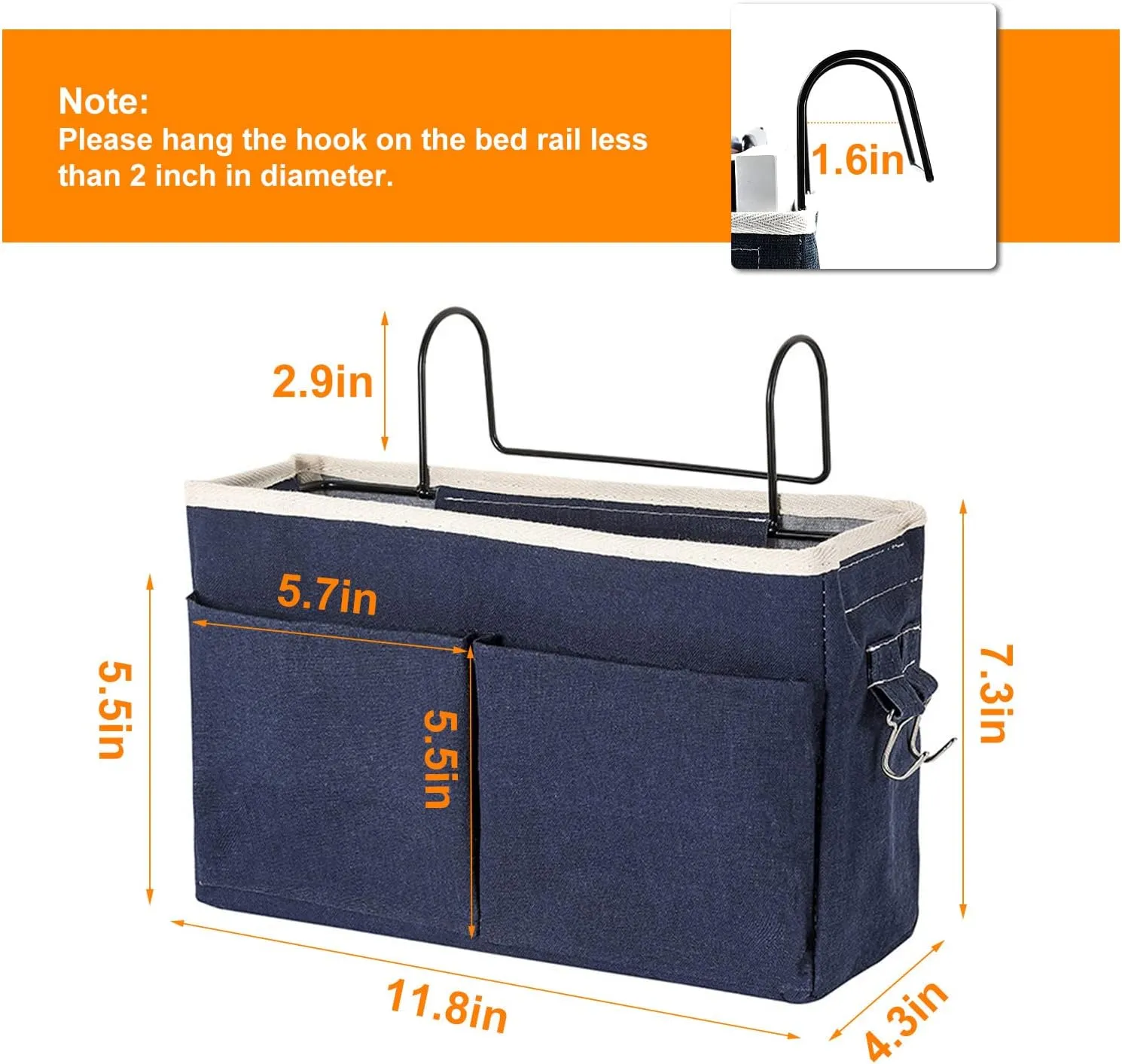 Surblue Bedside Caddy Bedside Storage Bag Hanging Organizer for Bunk, Hospital Beds, Dorm Rooms Bed Rails Camp 4 Pockets and 2 Hooks(Navy)