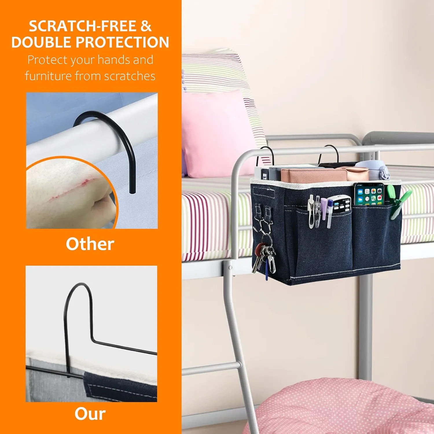Surblue Bedside Caddy Bedside Storage Bag Hanging Organizer for Bunk, Hospital Beds, Dorm Rooms Bed Rails Camp 4 Pockets and 2 Hooks(Navy)