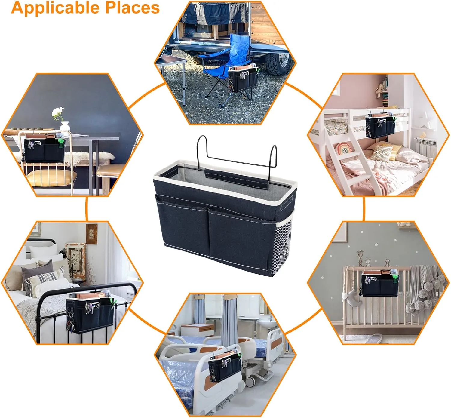 Surblue Bedside Caddy Bedside Storage Bag Hanging Organizer for Bunk, Hospital Beds, Dorm Rooms Bed Rails Camp 4 Pockets and 2 Hooks(Navy)