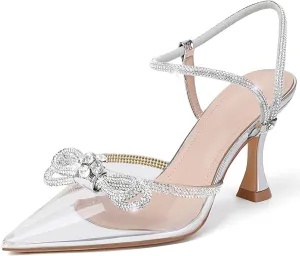 Susanny Women's Closed Toe Rhinstone Wedding Low Heel Slingback Clear Kitten Heels,Adjustable Strap Pointed Toe Bow Pumps High Heeled Prom Dress Shoes