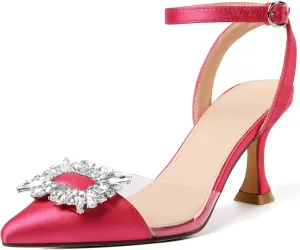 Susanny Women's Closed Toe Rhinstone Wedding Low Heel Slingback Clear Kitten Heels,Adjustable Strap Pointed Toe Bow Pumps High Heeled Prom Dress Shoes