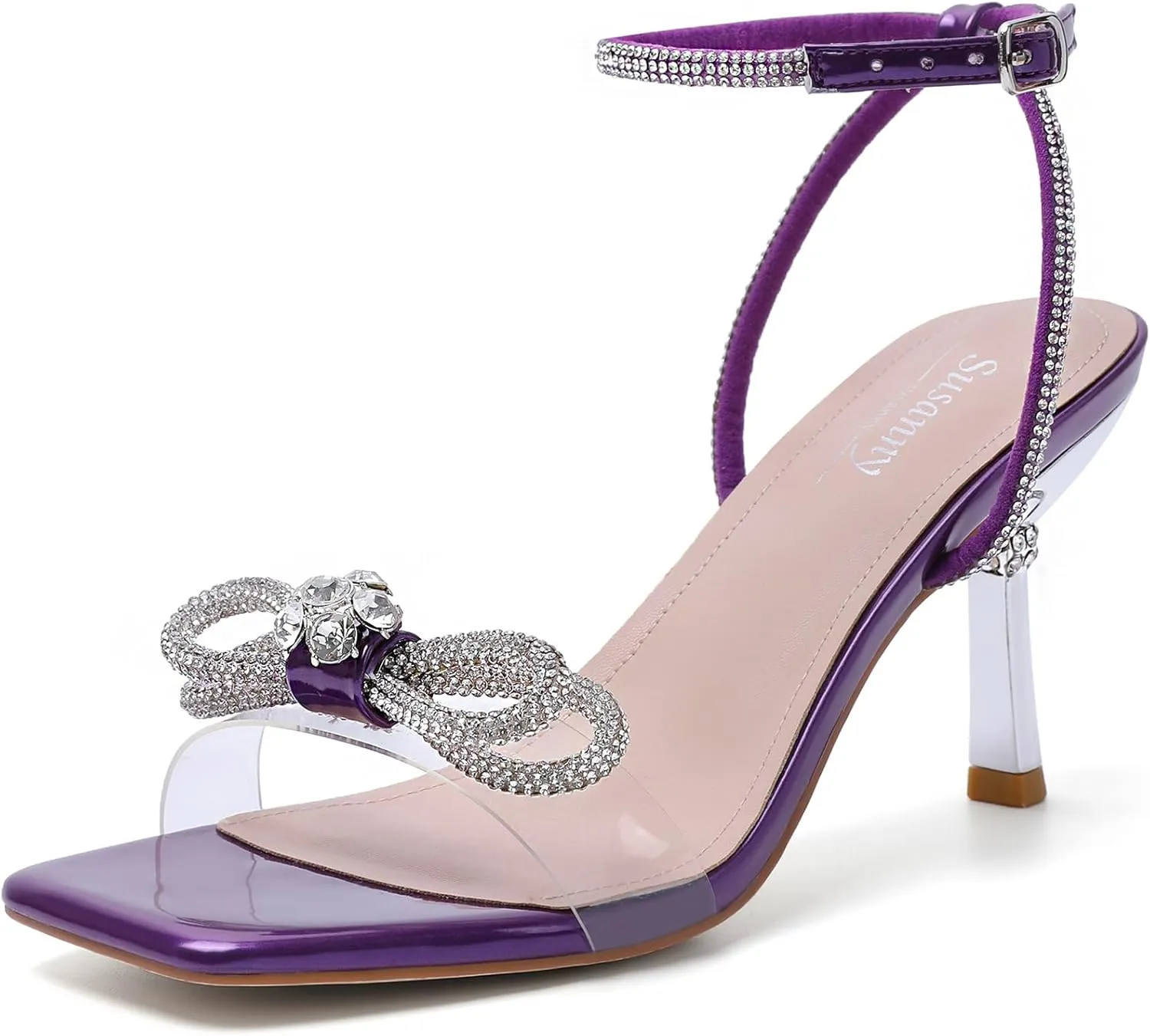 Susanny Women's Closed Toe Rhinstone Wedding Low Heel Slingback Clear Kitten Heels,Adjustable Strap Pointed Toe Bow Pumps High Heeled Prom Dress Shoes