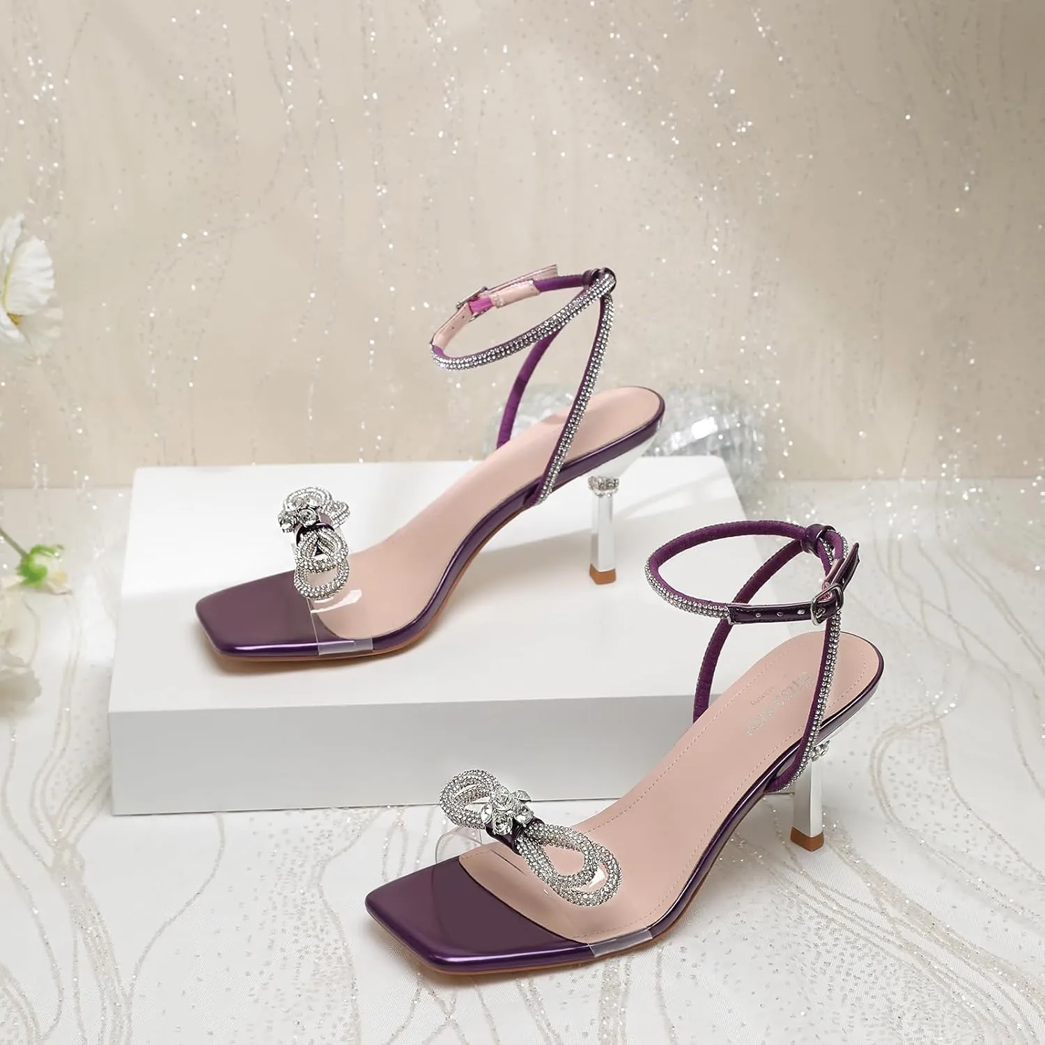 Susanny Women's Closed Toe Rhinstone Wedding Low Heel Slingback Clear Kitten Heels,Adjustable Strap Pointed Toe Bow Pumps High Heeled Prom Dress Shoes