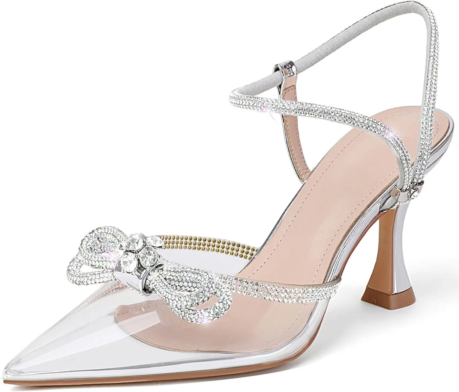 Susanny Women's Closed Toe Rhinstone Wedding Low Heel Slingback Clear Kitten Heels,Adjustable Strap Pointed Toe Bow Pumps High Heeled Prom Dress Shoes
