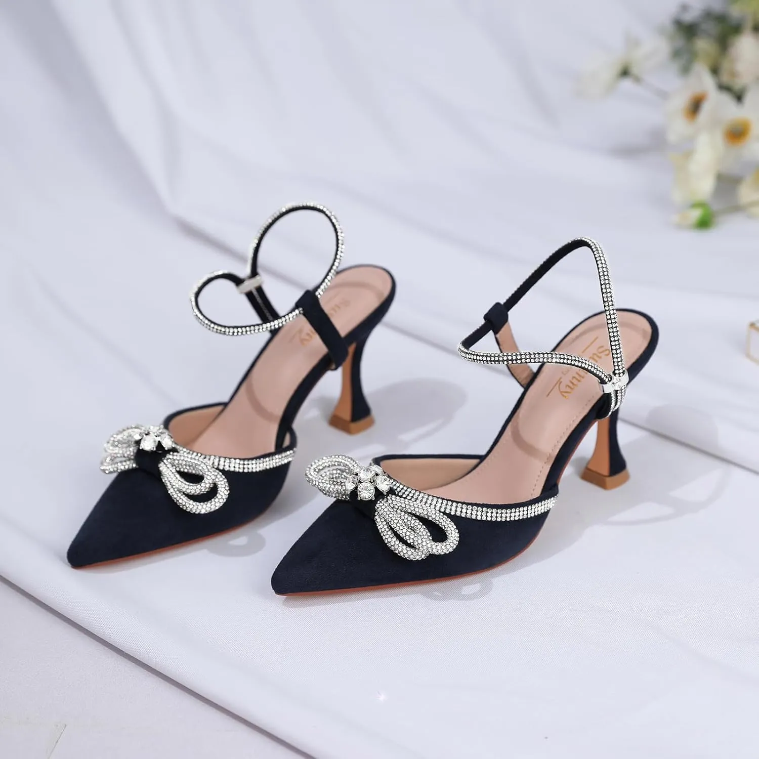 Susanny Women's Closed Toe Rhinstone Wedding Low Heel Slingback Clear Kitten Heels,Adjustable Strap Pointed Toe Bow Pumps High Heeled Prom Dress Shoes