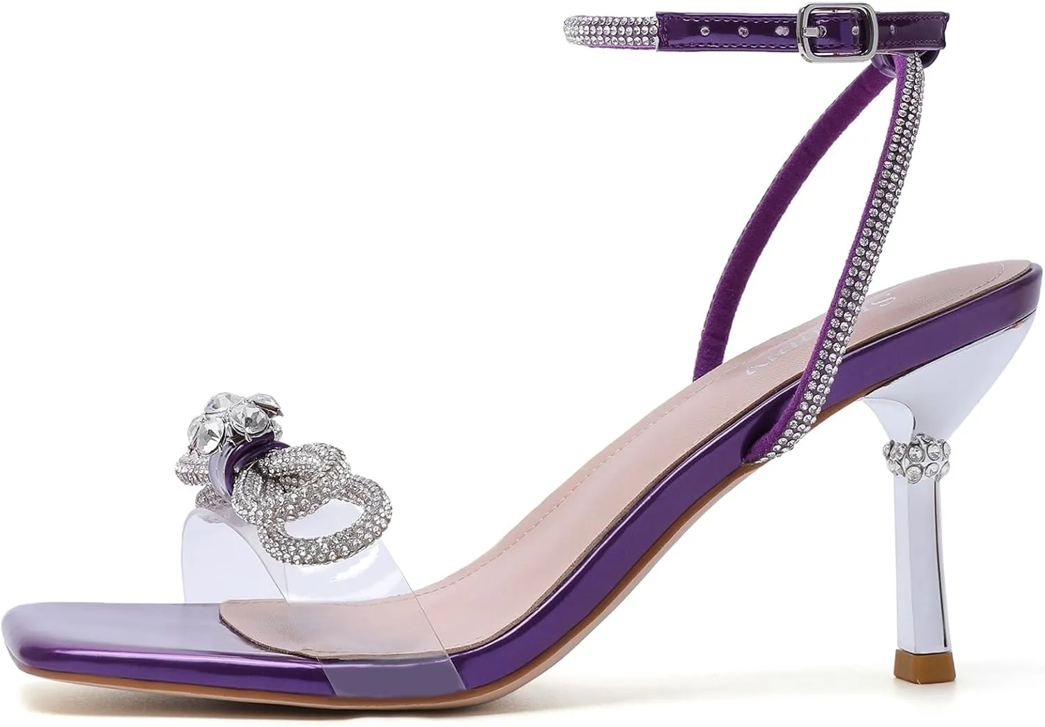 Susanny Women's Closed Toe Rhinstone Wedding Low Heel Slingback Clear Kitten Heels,Adjustable Strap Pointed Toe Bow Pumps High Heeled Prom Dress Shoes