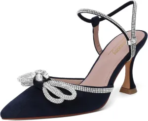 Susanny Women's Closed Toe Rhinstone Wedding Low Heel Slingback Clear Kitten Heels,Adjustable Strap Pointed Toe Bow Pumps High Heeled Prom Dress Shoes
