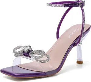 Susanny Women's Closed Toe Rhinstone Wedding Low Heel Slingback Clear Kitten Heels,Adjustable Strap Pointed Toe Bow Pumps High Heeled Prom Dress Shoes