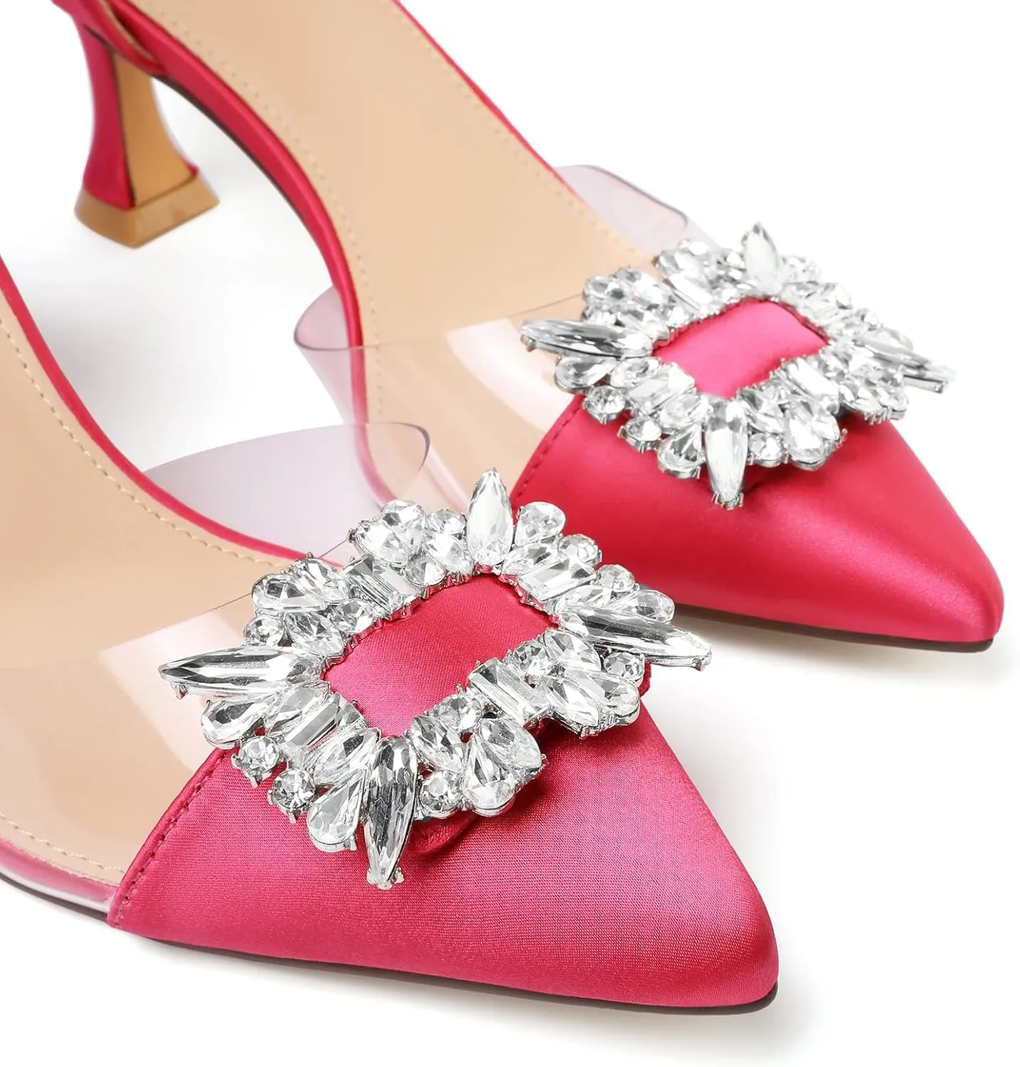 Susanny Women's Closed Toe Rhinstone Wedding Low Heel Slingback Clear Kitten Heels,Adjustable Strap Pointed Toe Bow Pumps High Heeled Prom Dress Shoes