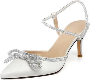 Susanny Women's Closed Toe Rhinstone Wedding Low Heel Slingback Clear Kitten Heels,Adjustable Strap Pointed Toe Bow Pumps High Heeled Prom Dress Shoes