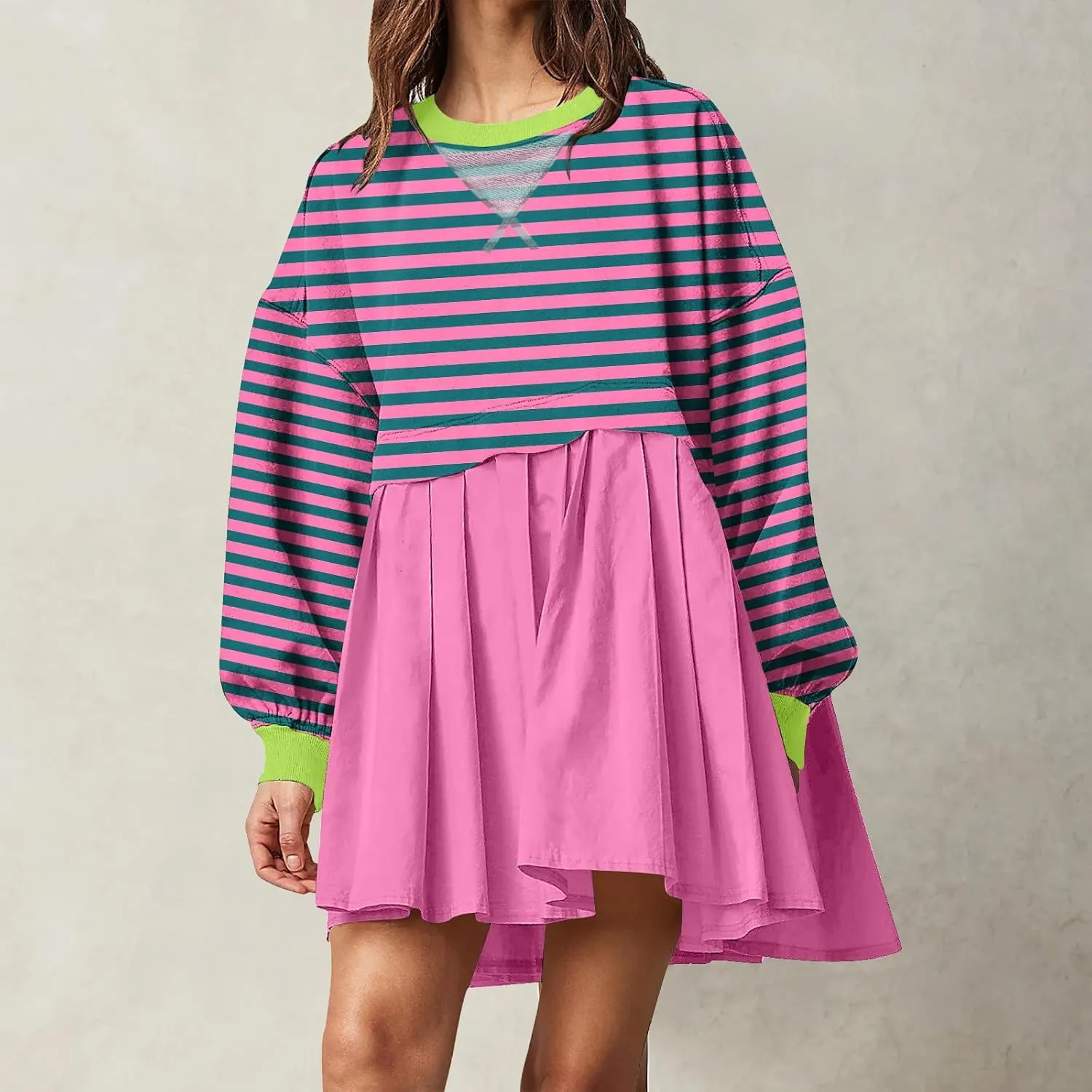 Sweatshirt Dresses for Women Striped Long Sleeve Pleated Patchwork Tops Dress Plus Size Mini Sweater Dress Fall 2024