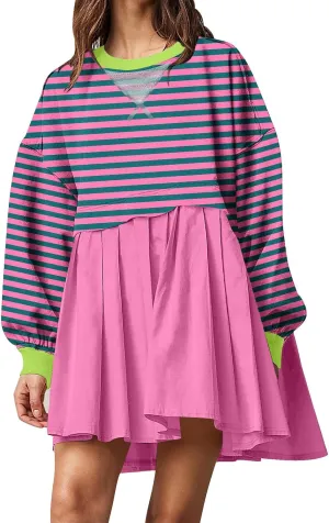Sweatshirt Dresses for Women Striped Long Sleeve Pleated Patchwork Tops Dress Plus Size Mini Sweater Dress Fall 2024