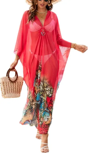 Swimsuit Cover ups Plus Size Caftans Beach Cover Up Maxi Beach Dress Vneck Batwing Sleeve Kaftan Dresses for Women