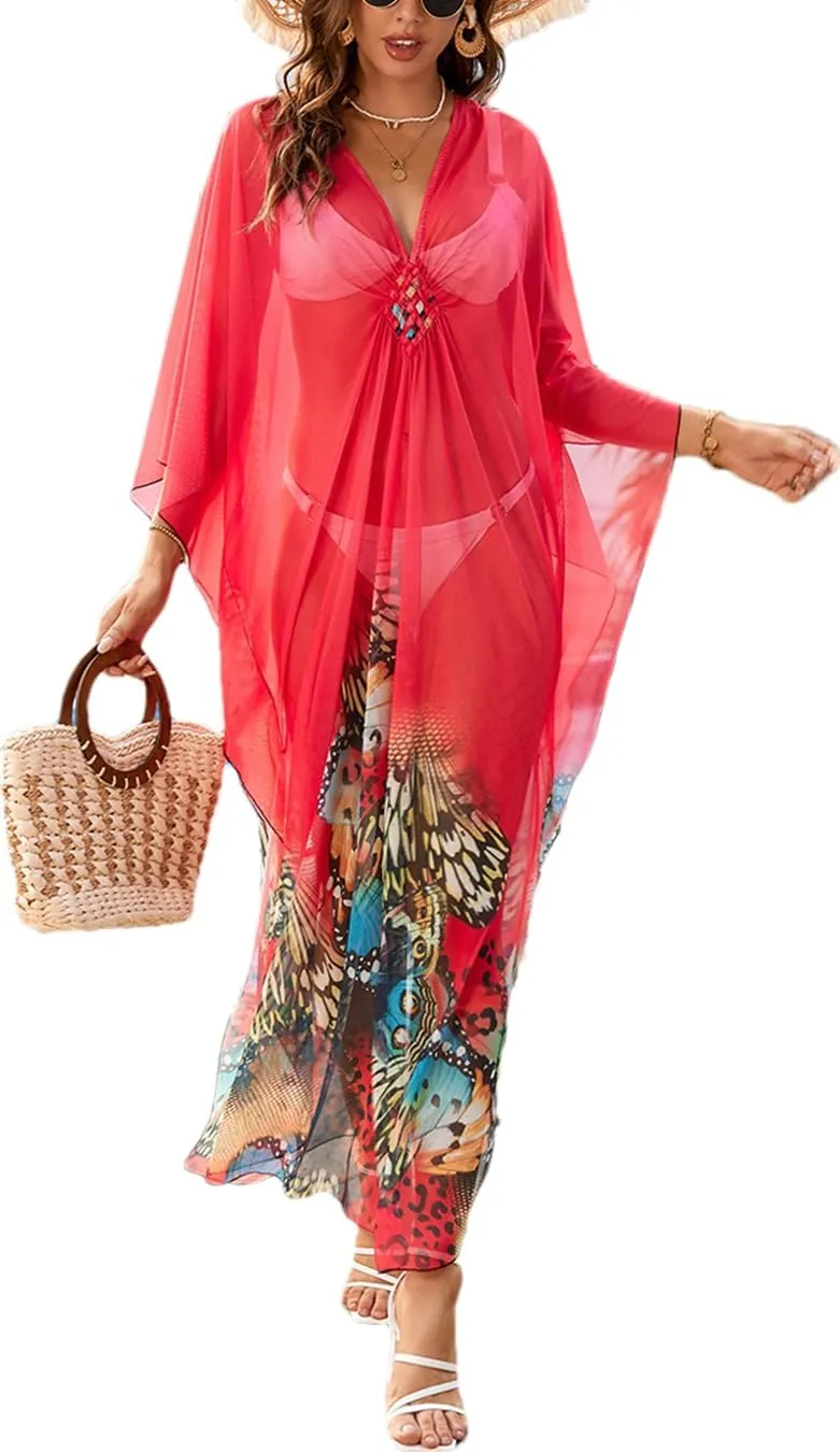 Swimsuit Cover ups Plus Size Caftans Beach Cover Up Maxi Beach Dress Vneck Batwing Sleeve Kaftan Dresses for Women