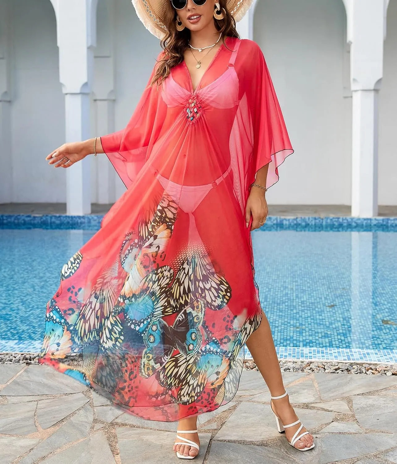 Swimsuit Cover ups Plus Size Caftans Beach Cover Up Maxi Beach Dress Vneck Batwing Sleeve Kaftan Dresses for Women