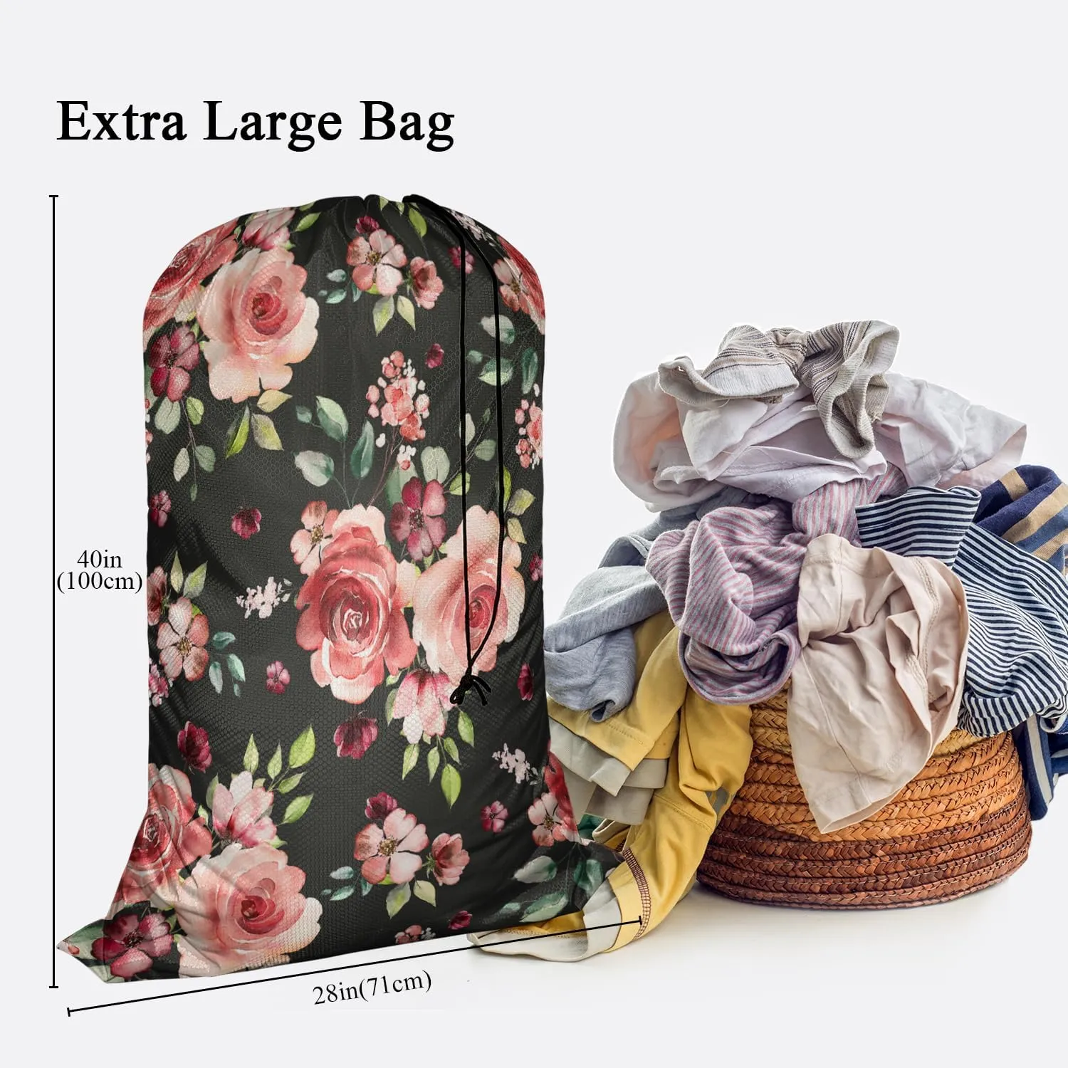 Swono Flower Laundry Bag Large Heavy Duty Laundry Backpack with Adjustable Drawstring Closure Watercolor Spring Flowers Roses And Leaves Pattern Heavy Duty Travel Laundry Bag, Large Laundry Hamper