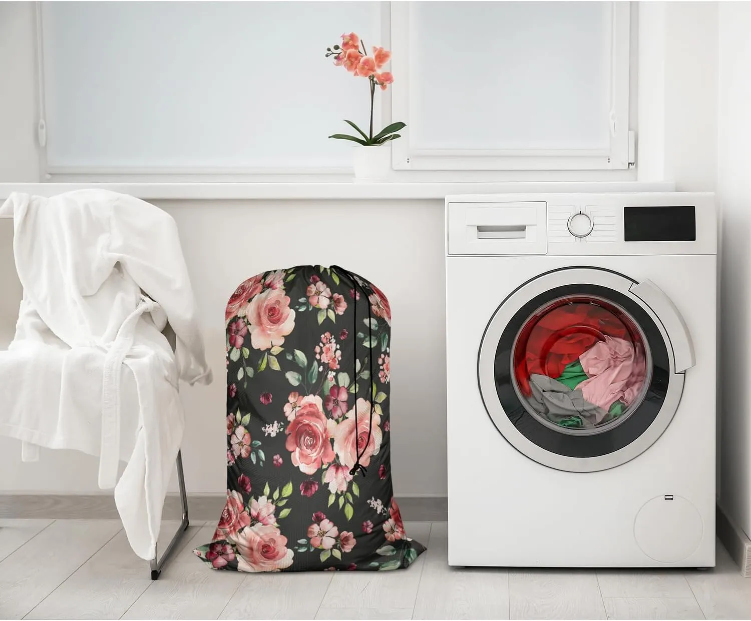 Swono Flower Laundry Bag Large Heavy Duty Laundry Backpack with Adjustable Drawstring Closure Watercolor Spring Flowers Roses And Leaves Pattern Heavy Duty Travel Laundry Bag, Large Laundry Hamper