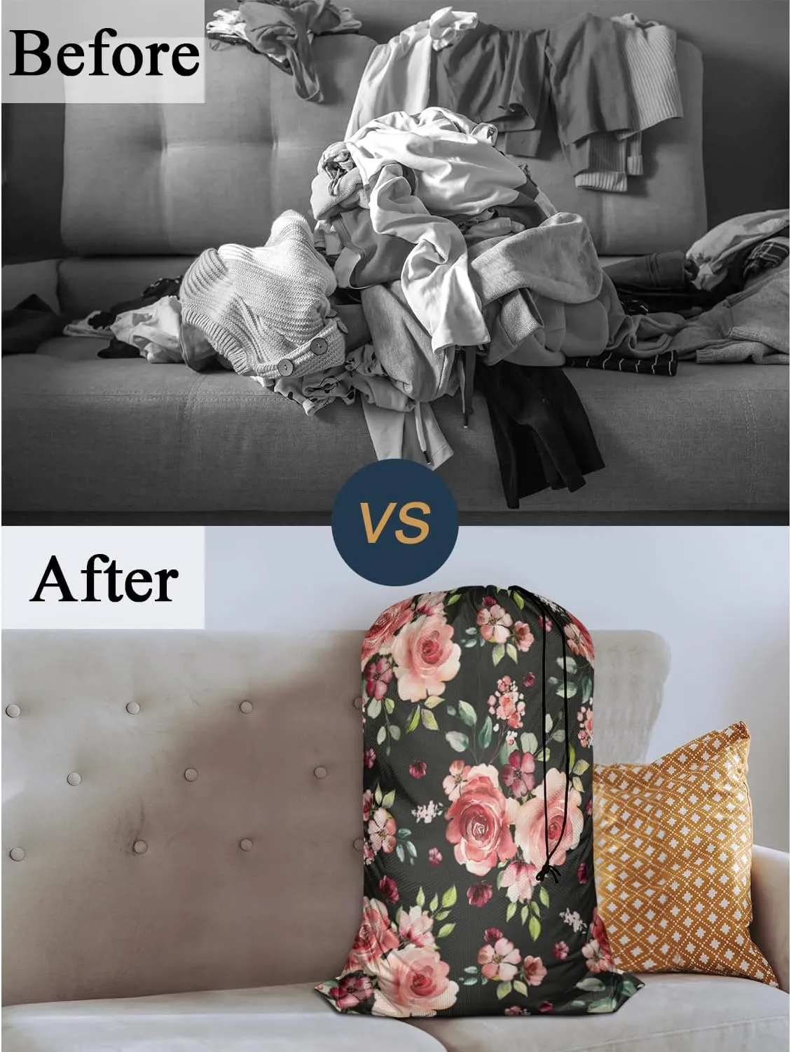 Swono Flower Laundry Bag Large Heavy Duty Laundry Backpack with Adjustable Drawstring Closure Watercolor Spring Flowers Roses And Leaves Pattern Heavy Duty Travel Laundry Bag, Large Laundry Hamper