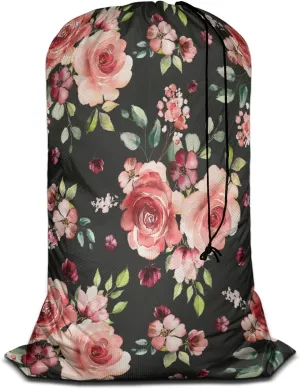 Swono Flower Laundry Bag Large Heavy Duty Laundry Backpack with Adjustable Drawstring Closure Watercolor Spring Flowers Roses And Leaves Pattern Heavy Duty Travel Laundry Bag, Large Laundry Hamper