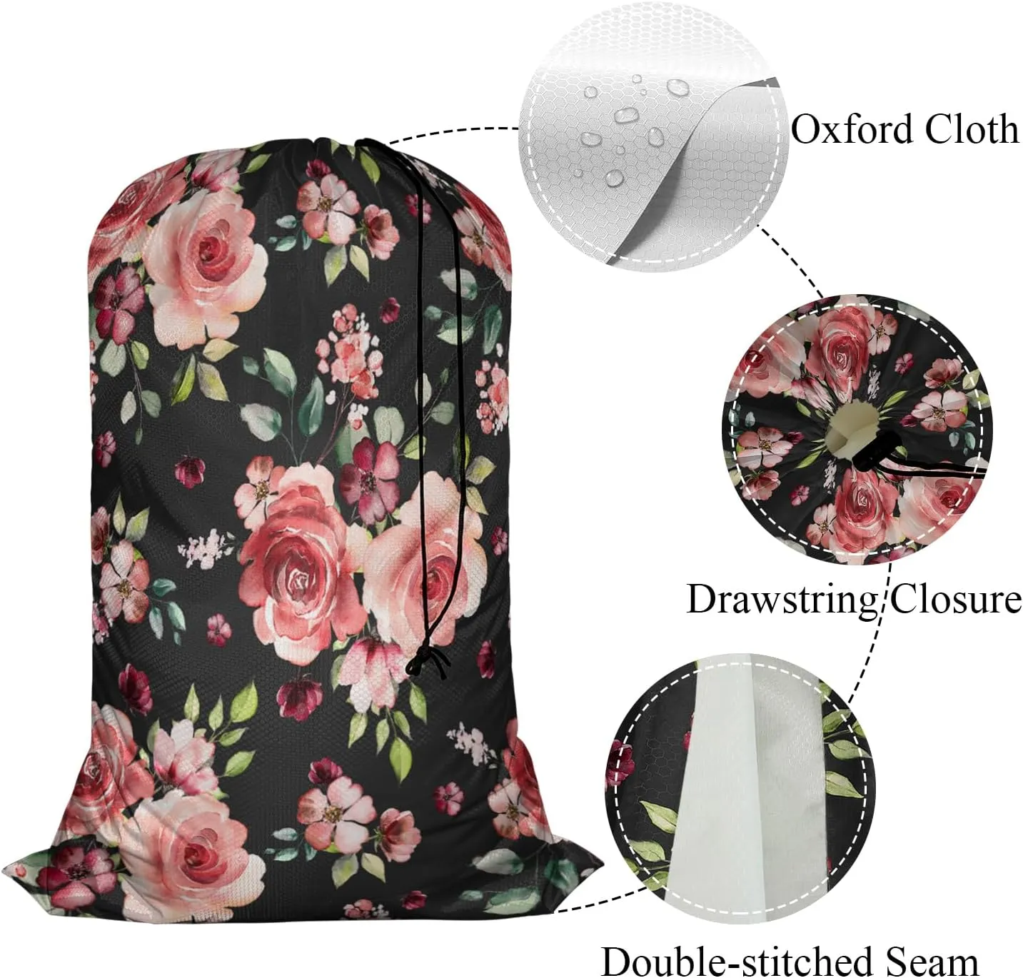 Swono Flower Laundry Bag Large Heavy Duty Laundry Backpack with Adjustable Drawstring Closure Watercolor Spring Flowers Roses And Leaves Pattern Heavy Duty Travel Laundry Bag, Large Laundry Hamper