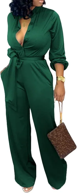 SxClub Jumpsuits for Women Formal Sexy Elegant Long Straight Pants Busineess Party Jumpsuit with Belt Pockets