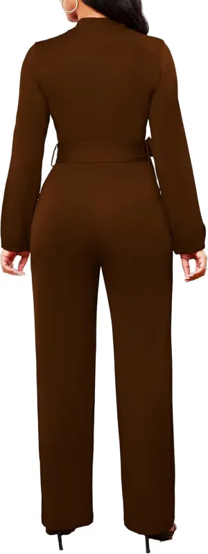 SxClub Jumpsuits for Women Formal Sexy Elegant Long Straight Pants Busineess Party Jumpsuit with Belt Pockets
