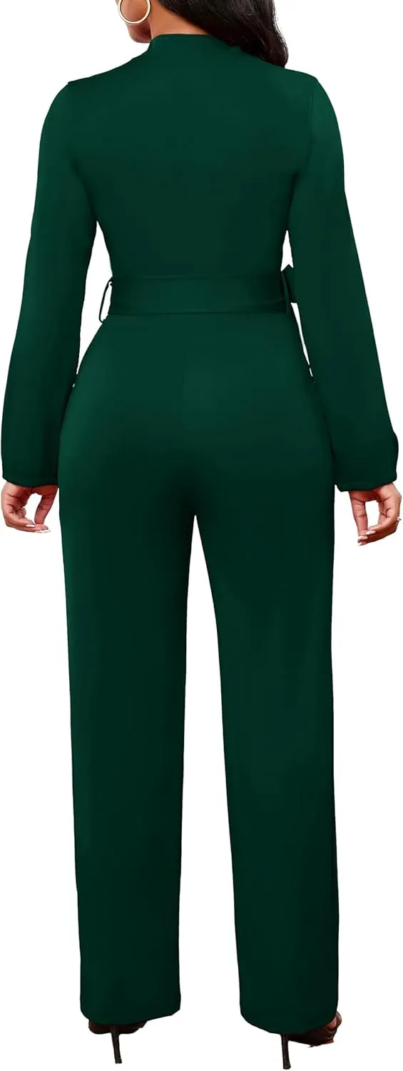 SxClub Jumpsuits for Women Formal Sexy Elegant Long Straight Pants Busineess Party Jumpsuit with Belt Pockets