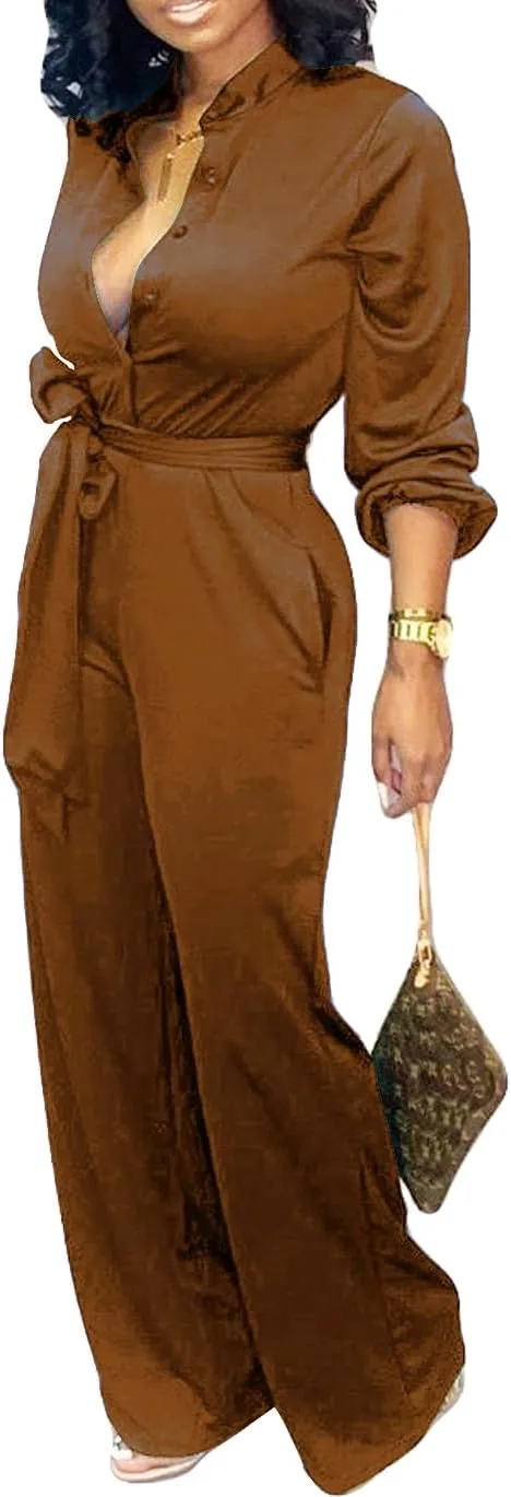SxClub Jumpsuits for Women Formal Sexy Elegant Long Straight Pants Busineess Party Jumpsuit with Belt Pockets