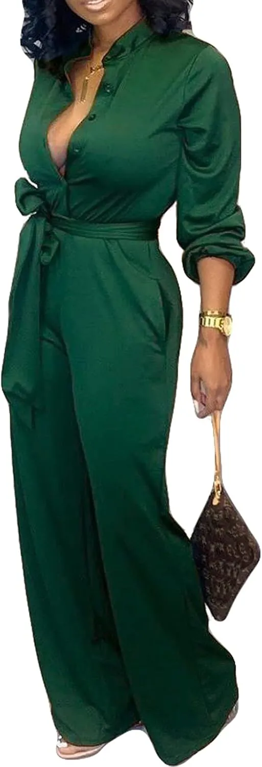 SxClub Jumpsuits for Women Formal Sexy Elegant Long Straight Pants Busineess Party Jumpsuit with Belt Pockets